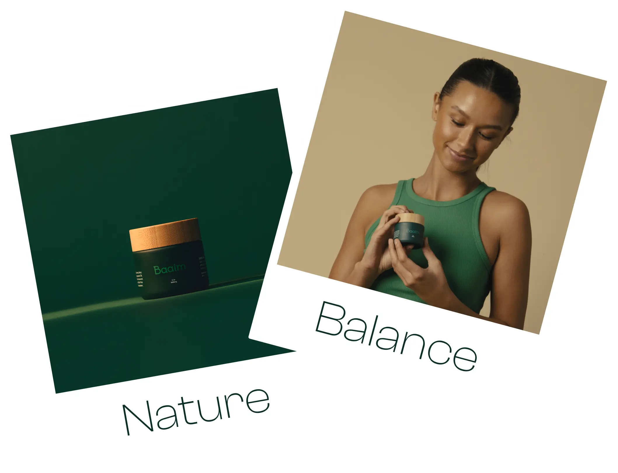 Two diagonally-offset images: one Baalm with dark cinemagraphic lighting and "Nature" written beneath, and the other a young woman in yoga clothes smiling with "Balance" written beneath.