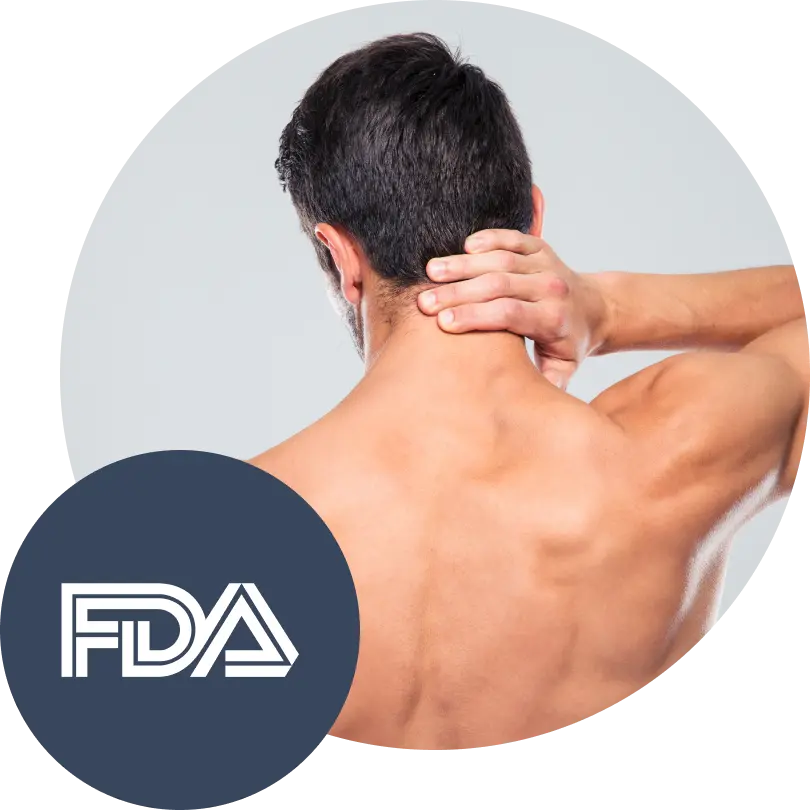 A man holding the back of his neck with a badge of the FDA in front.