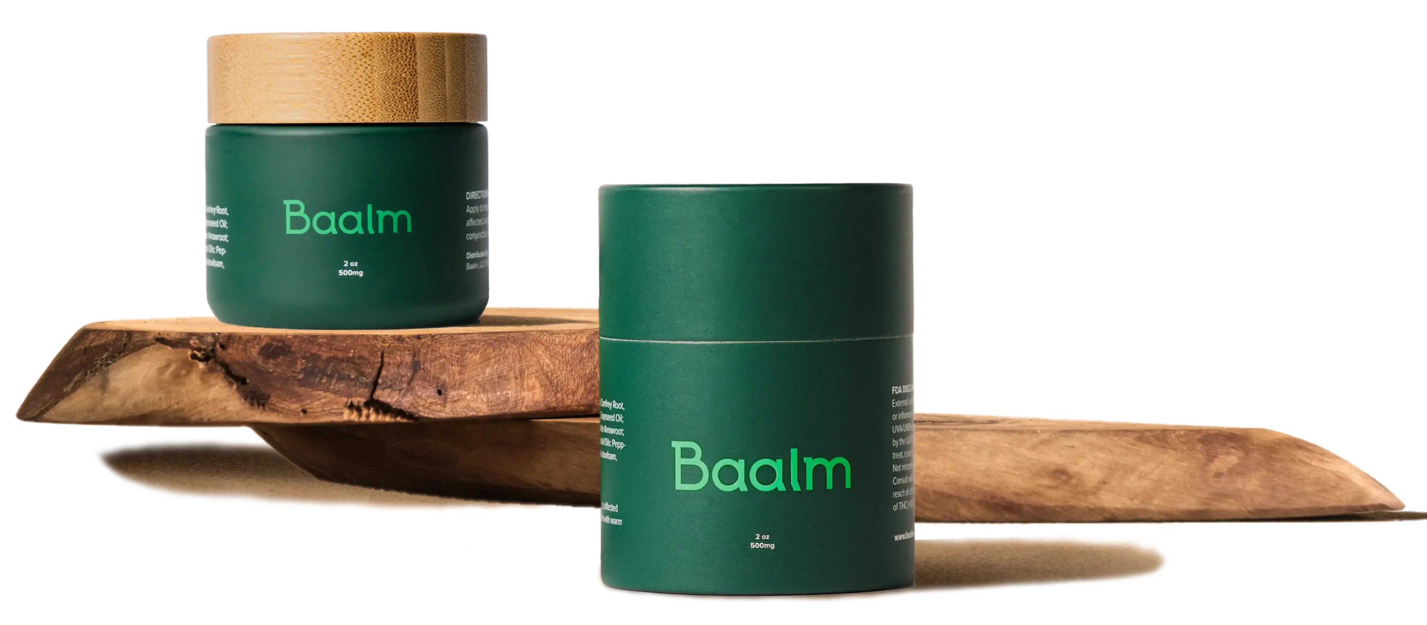 A two-tiered wood pedestal with container of Baalm on the left and Baalm packaging in front to the right.